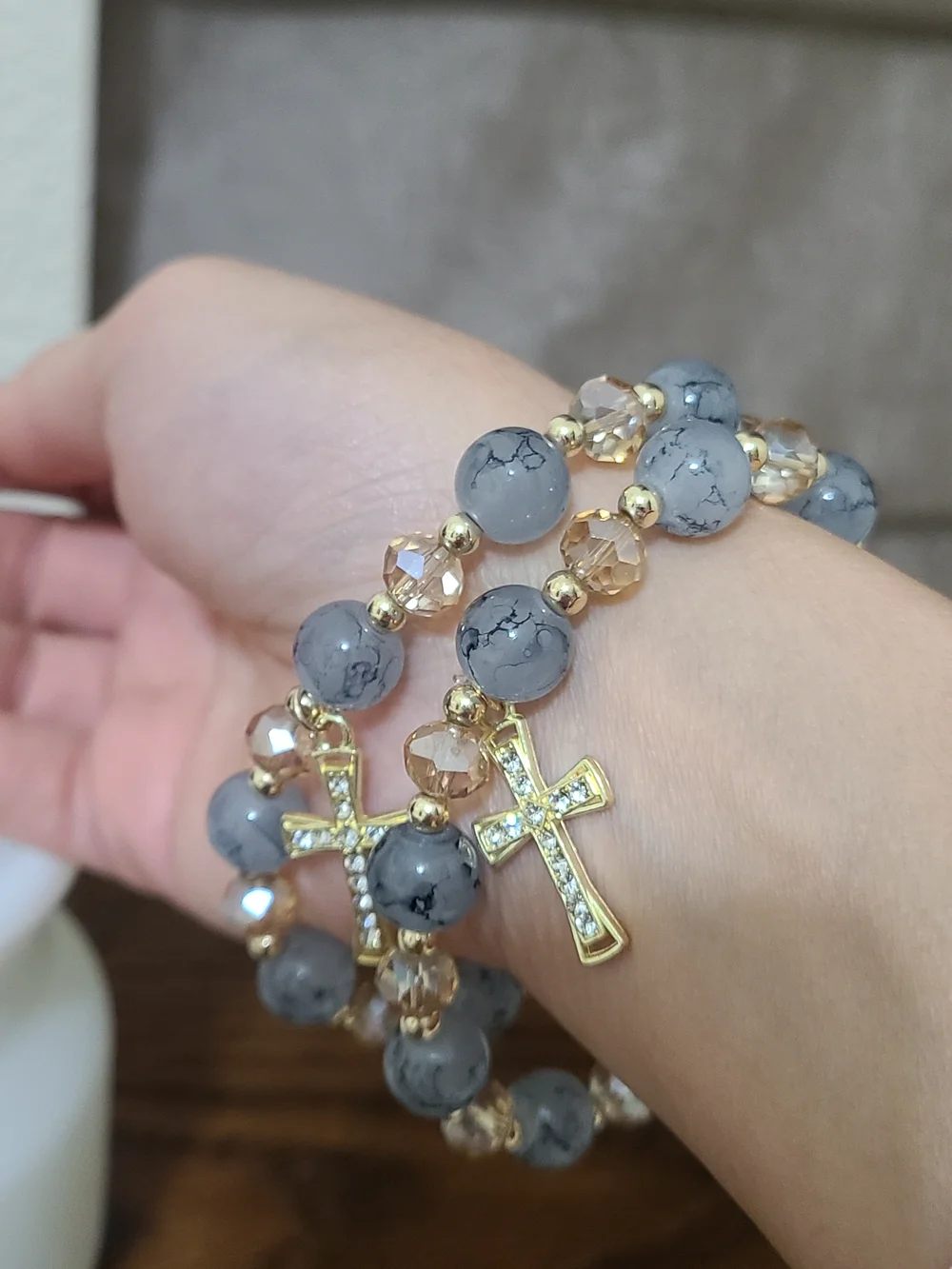 Glass Bracelets with Gray Marbling and accent Champagne Beads w/Gold Cross Charm - Picture 2 of 4